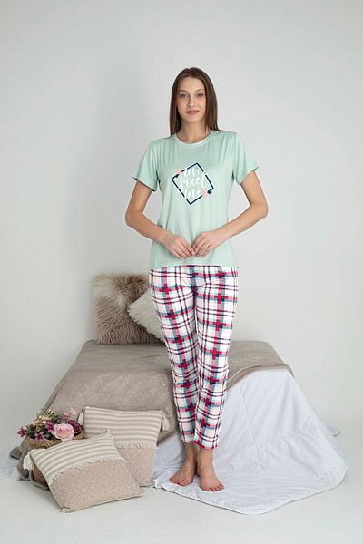 GUAVA+ Gloria Colorful Bottom Plaid Pattern Printed Women's Short Sleeve Pajama Set