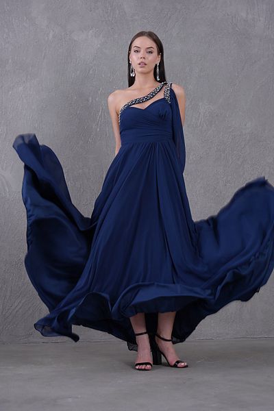 Neşeli Butik Women's Stone Embroidered One Shoulder Slit Chiffon Evening Dress Nbs9368