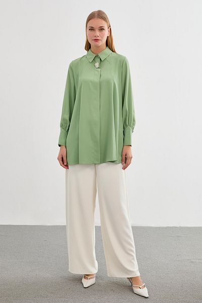 Zühre Brooch Detailed Green Blouse B-0095