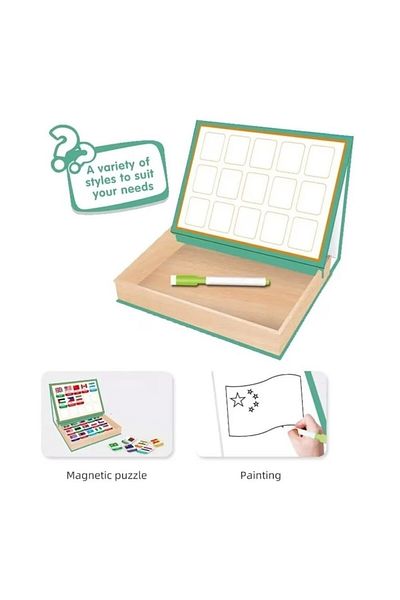 divendi-ro Educational magnetic puzzle game with country flags, wooden board and drawing board, brown-green
