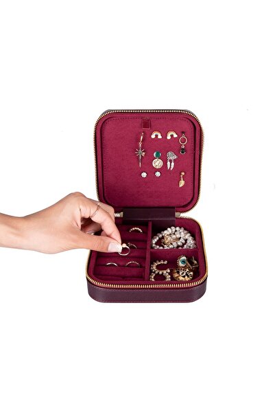 PLM Gerçek Deri Seyahat Boy Takı Organizer Kutusu, Mücevher Aksesuar Çantası, Küpe Kolye Yüzük Düzenleyi