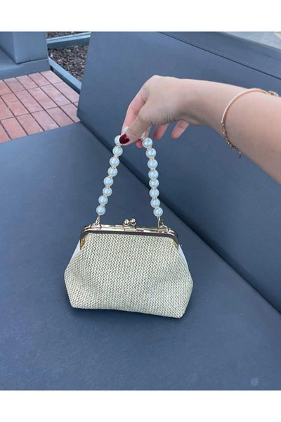 eflanmoda Women's Hand and Shoulder Bag with Straw Pearl Detail and Chain Strap
