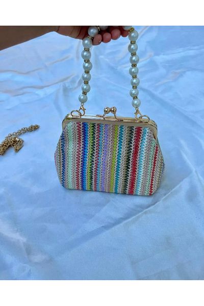 eflanmoda Women's Hand and Shoulder Bag with Straw Pearl Detail and Chain Strap