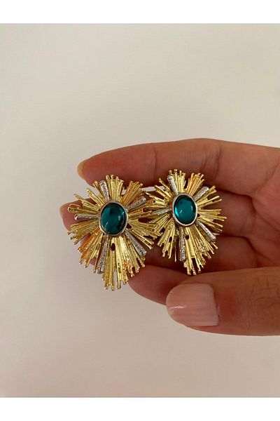 marsel aksesuar Special Series Fringed Green Stone Gold Brass Earrings