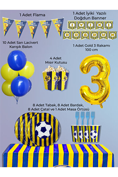 PartyPoo Yellow Navy Blue Fan Set of 8 Birthday Party Supplies |   3 Year Old...