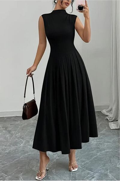 Deafox Rochie lungă din țesătură creponată pliată, fără mâneci, cu gât țesut, pentru femei