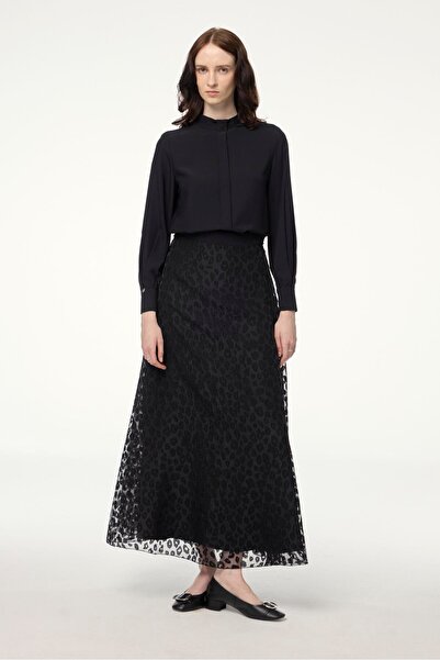 Zühre Black Blouse with Stand Collar Stripe Detail B-0139