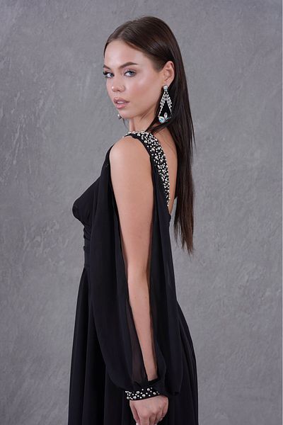 Neşeli Butik Women's Stone Embroidered One Shoulder Slit Chiffon Evening Dress Nbs9368