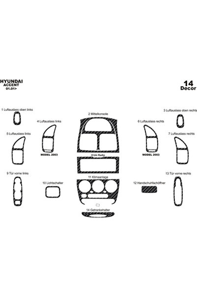 Marscockpitdesign Hyundai Accent Konsol-Torpido Kaplama 2001-2005 14 Parça