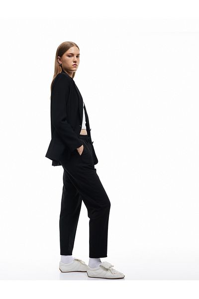 Koton Lapel Collar Crepe Scuba Fabric Ribbed Carrot Cut Pants with Pockets