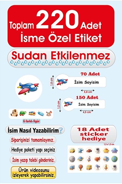 cabuk baskı İsme Özel Uçak Temalı Okul Etiketi - Suya Dayanıklı Etiket Seti D...