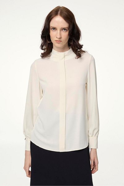Zühre Stand Collar Stripe Detailed Ecru Blouse B-0139