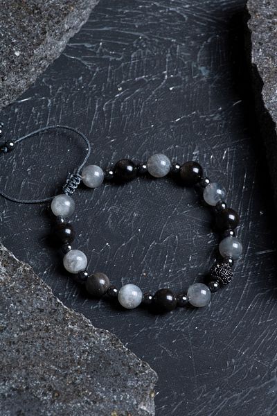 OSMANLI DOĞAL TAŞ Certified Labradorite, Obsidian, Hematite Natural Stone Macrame Bracelet