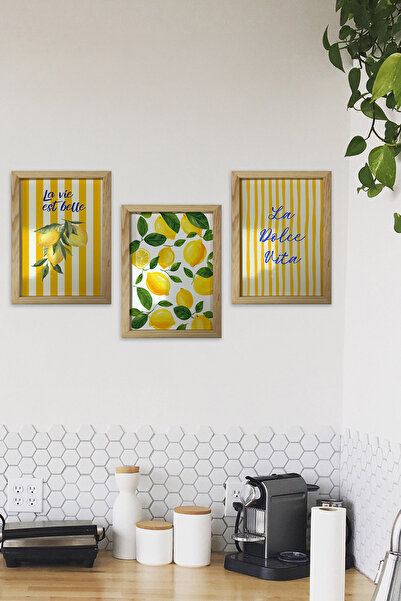 AND Ahşap Çerçeveli Limonlar Temalı Tablo Üçlü MDF Poster Tablo Duvar Dekoru (21x30 cm)
