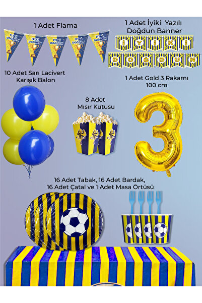 PartyPoo Yellow Navy Blue Fan Birthday Party Supplies Set for 16 People |   3...