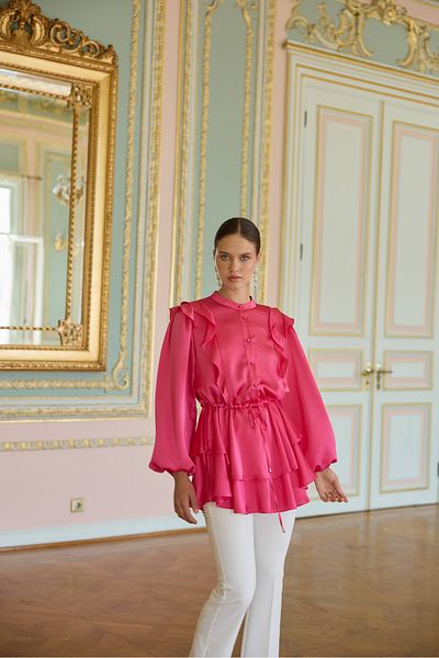 NUR KALAY COLLECTION Satin Blouse with Flounces