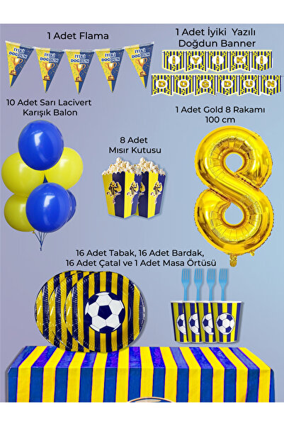 PartyPoo Yellow Navy Blue Fan Birthday Party Supplies Set for 16 People |   8...