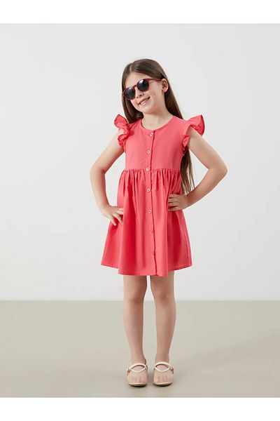LC Waikiki Lcw Kids Red Pleated Girl's Linen Look Shirt Dress