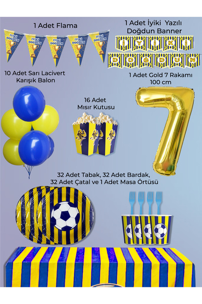 PartyPoo Yellow Navy Blue Fan Birthday Party Supplies Set for 32 People |   7...