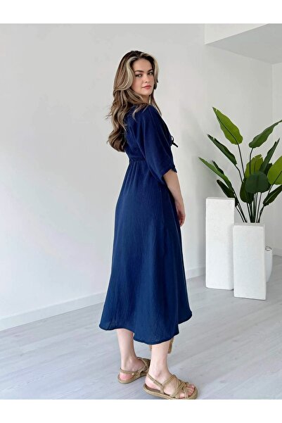 Dks Life V-Neck, Lace-Up Bust, Front Slit Midi Length Muslin Linen Dress