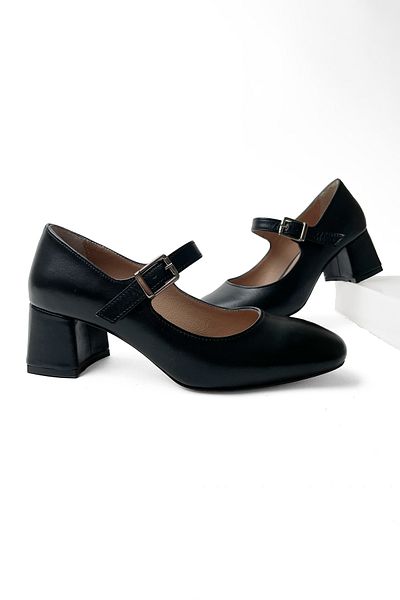 RABU Black Women's Genuine Leather 5cm Heeled Mary Jane Heeled Shoes
