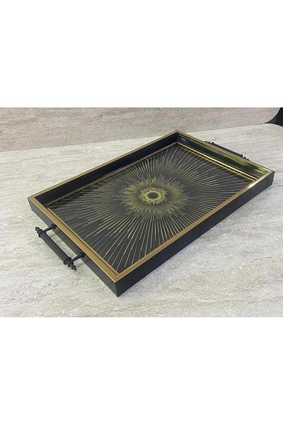 Altabi Digital Printed Glass Serving Tray – Modern Patterned, Metal Handle 42X29 cm
