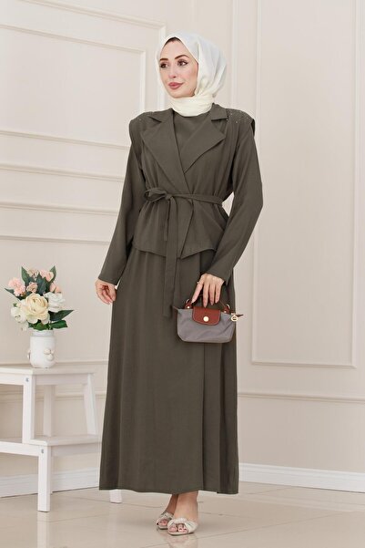 Sevitli Vest Stone Detailed Dress-Khaki