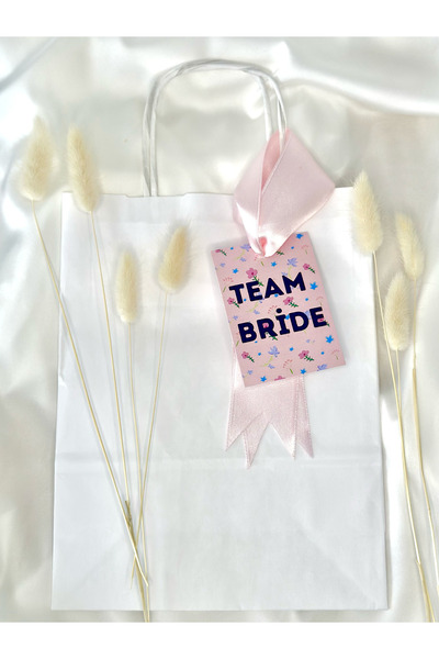 ATOLYE498 10ADET TEAM BRİDE PEMBE ÇİÇEK ETİKETLİ BEYAZ KRAFT KAĞIT-KARTON ÇANTA-HEDİYELİK ÇANTA/BEKARLIĞA VEDA