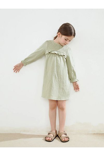 LC Waikiki Lcw Kids Green Crew Neck Girls Muslin Dress