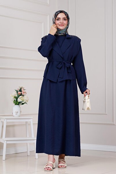 Sevitli Φόρεμα Tensel με πέτρινη λεπτομέρεια στο γιλέκο - Σκούρο μπλε