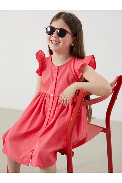 LC Waikiki Lcw Kids Red Pleated Girl's Linen Look Shirt Dress