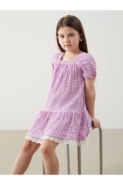 LC Waikiki Lcw Kids Pink Plaid Lace Detailed Girl's Dress
