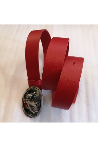 Butik Tülin Unisex Authentic Genuine Cowhide Leather Red Silver Multicolor Hurdle Jumping Horse Jockey Cowboy Buckle Belt