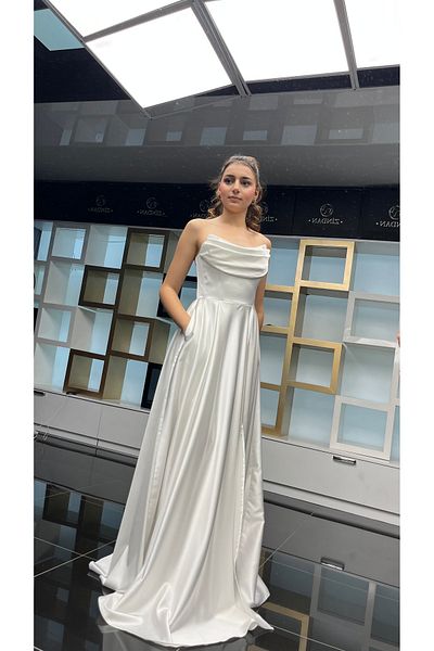 my podium White Long Satin Flared Evening Dress