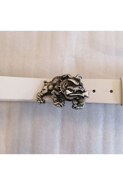 Butik Tülin Unisex Authentic Genuine Cowhide White Silver Metal Bulldog Dog Cowboy Buckle Belt Made in Thailand
