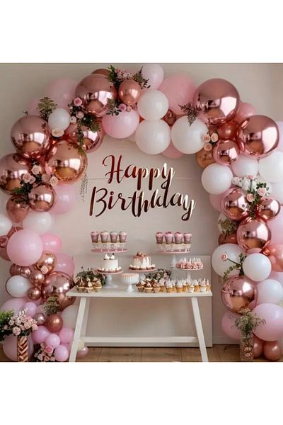 Çemrek Süs Parti Pink White Rose Chrome Balloon Chain Set and Rose Happy Birthday Banner 101 Pcs