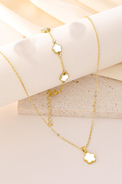 Glaren Beyaz Yonca Tasarım Kadın Kolye Bileklik Seti