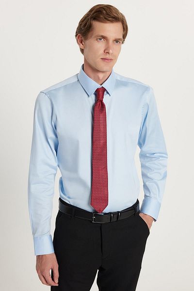 Tudors Men's Slim Fit Premium Lycra Cotton Satin Light Blue Shirt