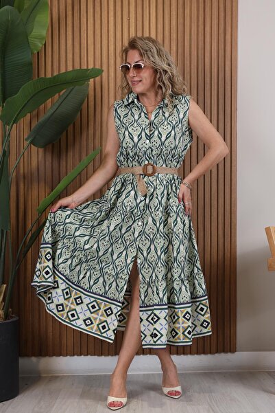 MİSLİNA BUTİK Button Detail Green Dress