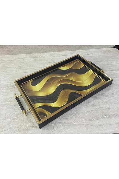 Altabi Digital Printed Glass Serving Tray – Modern Patterned, Metal Handle 42X29 cm