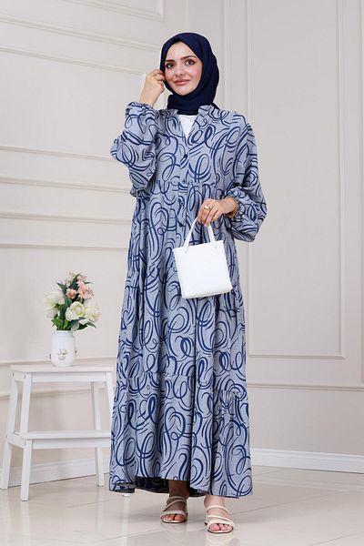 Sevitli Wave Pattern Robe Dress-Navy Blue