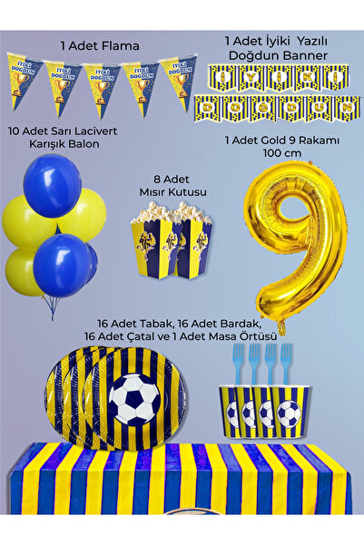 PartyPoo Yellow Navy Blue Fan Birthday Party Supplies Set for 16 People |   9...