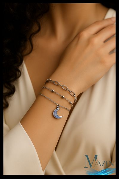 MAZEN Triple Combination Silver Color Bracelet |   Moon Tip Chain Detail |   Women's Jewelry |   Bracelet Combination