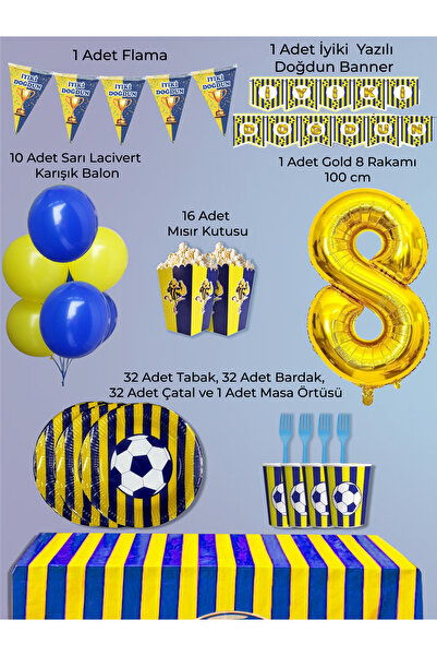 PartyPoo Yellow Navy Blue Fan Birthday Party Supplies Set for 32 People |   8...