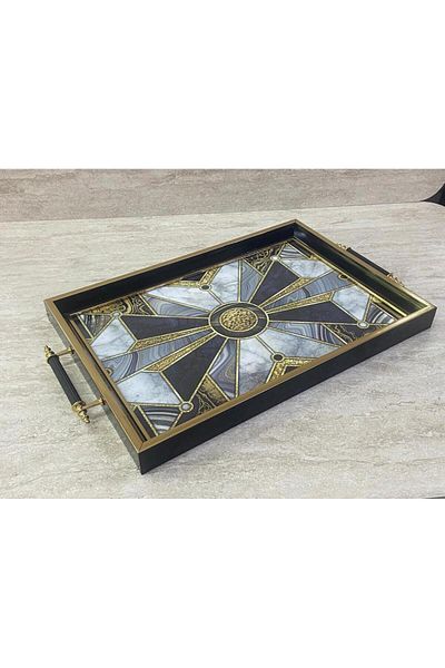 Altabi Digital Printed Glass Serving Tray – Modern Patterned, Metal Handle 42X29 cm