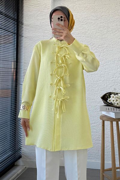 MELEK ARAZ Seersucker Tunic with Tie Detail on the Front - Yellow