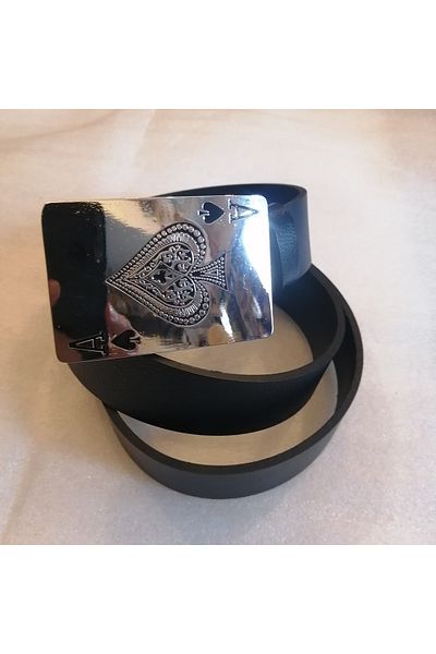 Butik Tülin Unisex Authentic Genuine Cowhide Leather Black Silver Nickel Plated Playing Card Ace of Spades Cowboy Buckle Belt