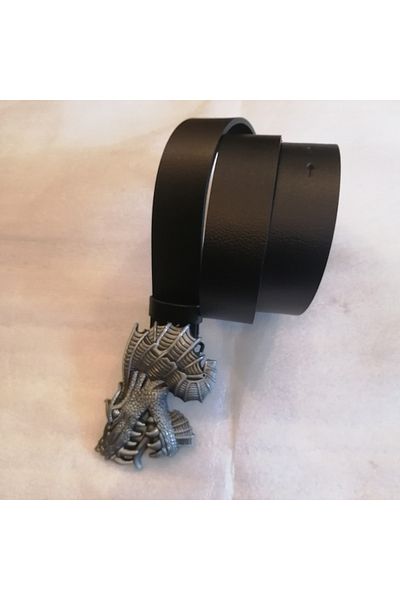 Butik Tülin Unisex Authentic Genuine Cowhide Black Silver Metallic Dragon Head Cowboy Buckle Belt