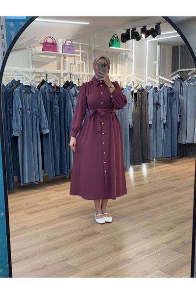 OlaLady Back a Pile Button Belted Hijab Dress