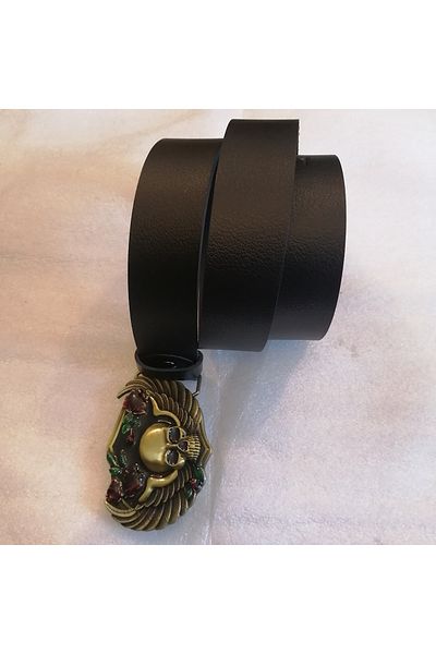 Butik Tülin Unisex Authentic Genuine Cowhide Black Bronze Colored Enamel Rose Winged Skull Cowboy Buckle Belt